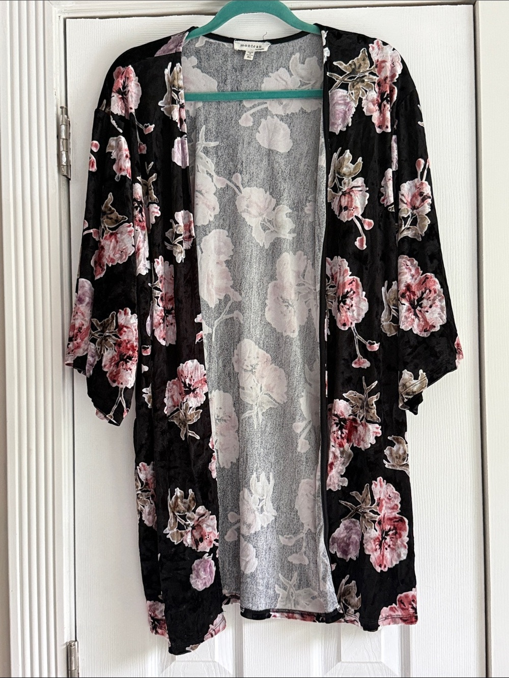 Monteau Black Velvet Kimono with Floral Print